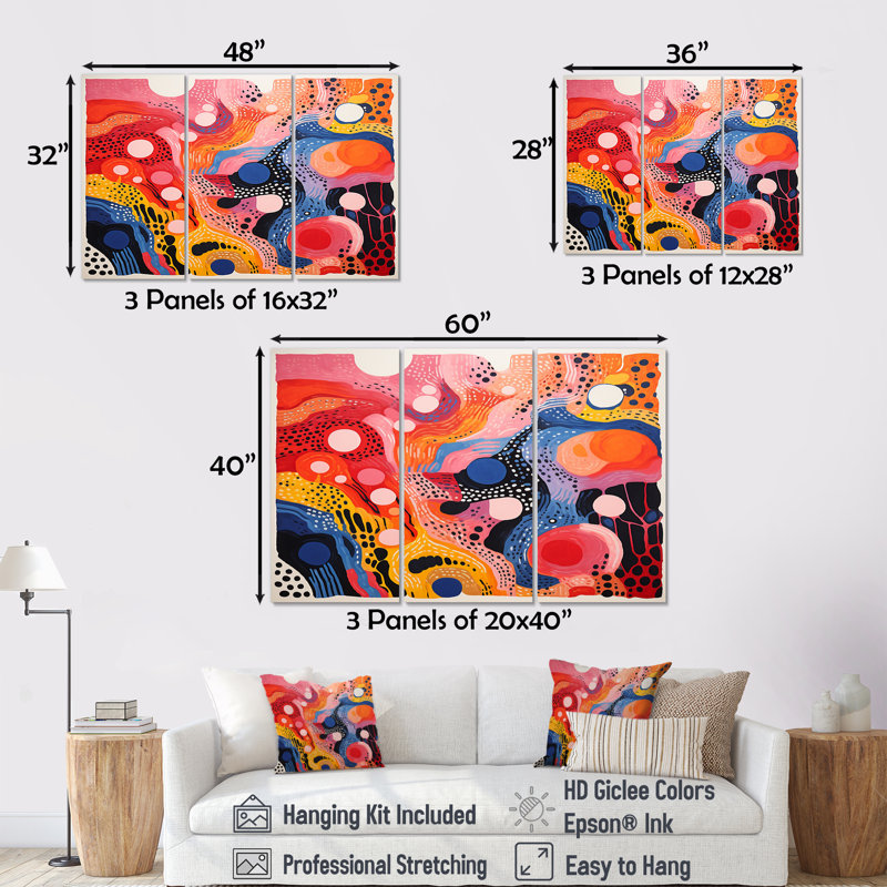Ensemble de salon Bubble Colorfields - couleurs primaires rétro - vagues fractales, Toile tendue, H 32 po x l 48 po x P 1 po
