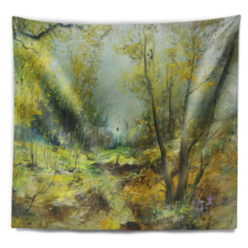 Tapisserie vert forêt paysage vert jaune, H 50 po x l 60 po