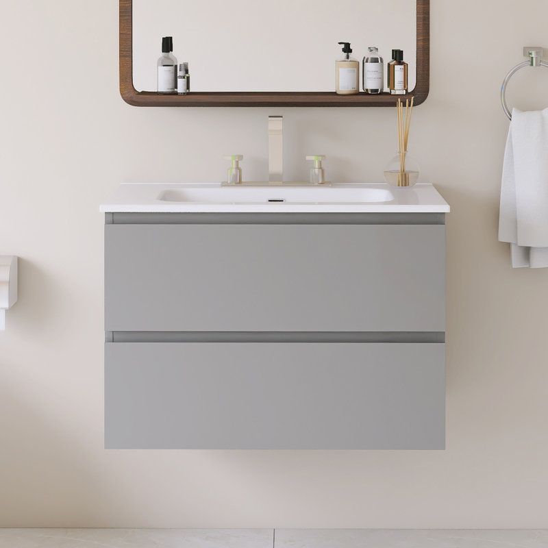 Wall Mounted Single Bathroom Vanity With White Ceramic Integrated Top, Gray, 30"