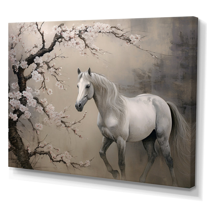 Art asiatique cheval gris II - cheval, décoration murale, H 34 po x l 44 po x P 1,5 po, Toile tendue