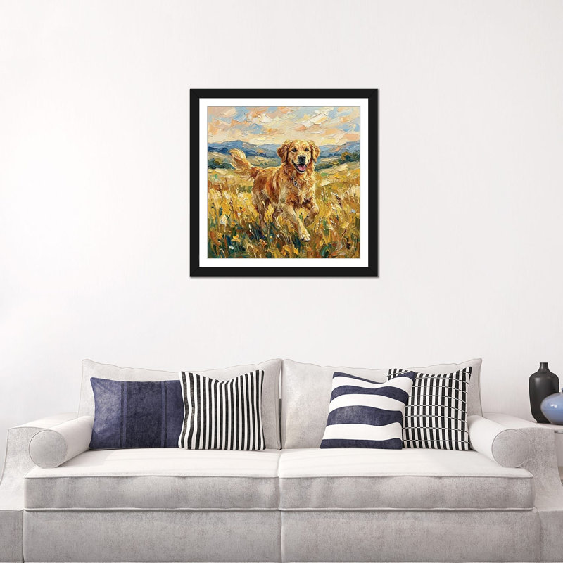 «Happy Golden Retriever», reproduction d'art encadrée - papier d'art encadré, 24" x 24", Framed Paper, Black
