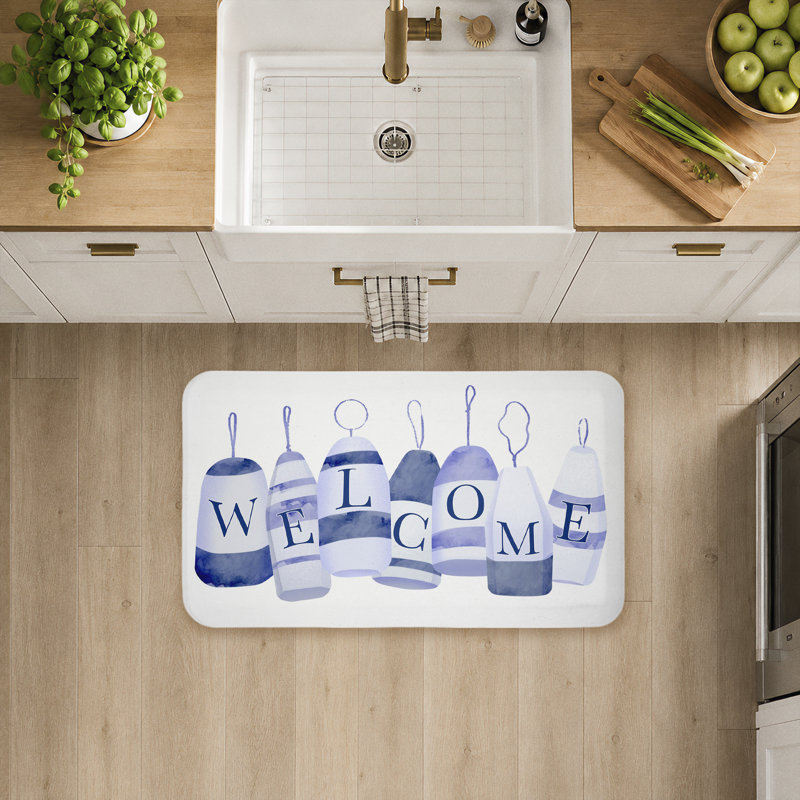 Tapis de sol anti-fatigue Welcome Beach Buoys, design par Ziwei Li, Bouées Welcome Beach