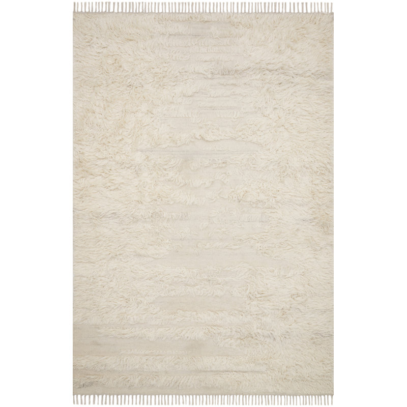 Tapis rayé en laine naturel / ivoire tissé à la main, Rectangle 5 pi x 7 pi 6 po