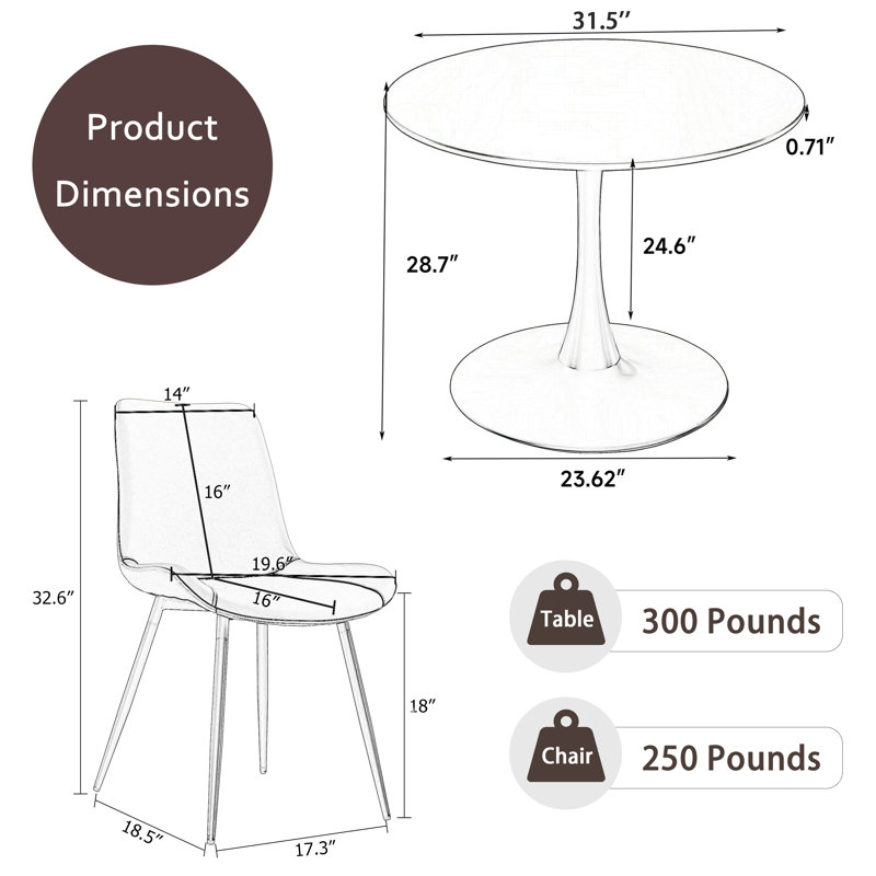 Ensemble de table ronde pour 4 (1 table + 4 chaises), Blanc, H 28,7 po x L 31,5 po x l 31,5 po, Blanc / blanc