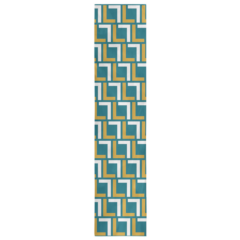 Chemin de table Carolina, 90 po x 16 po, Coton, Bleu sarcelle / or / blanc