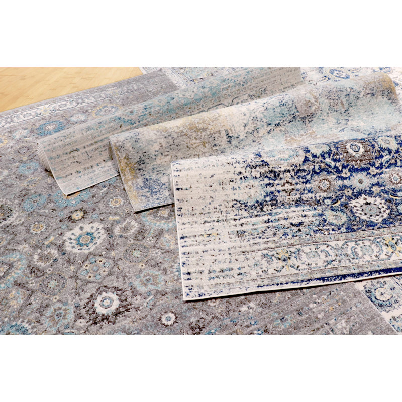 Navy and Ivory Synthetic Oriental Runner Rug