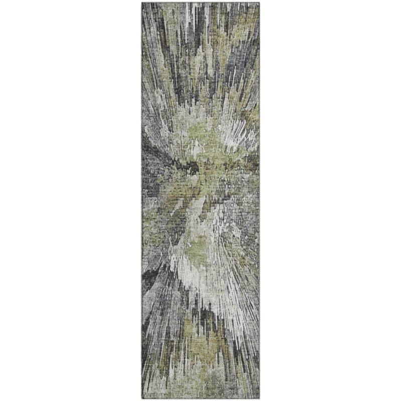 Premium Machine Washable Mayfield AMF2283 Abstract Rug, 2'3" x 7'6" Runner, Fern