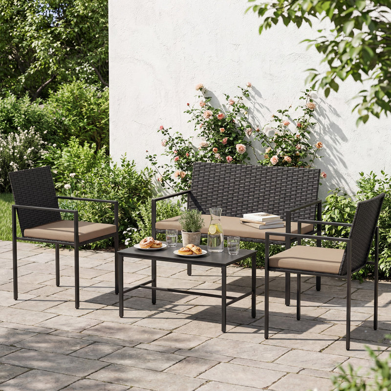 4-Piece Patio Furniture Set Outdoor Rattan Chairs & Loveseat, Black