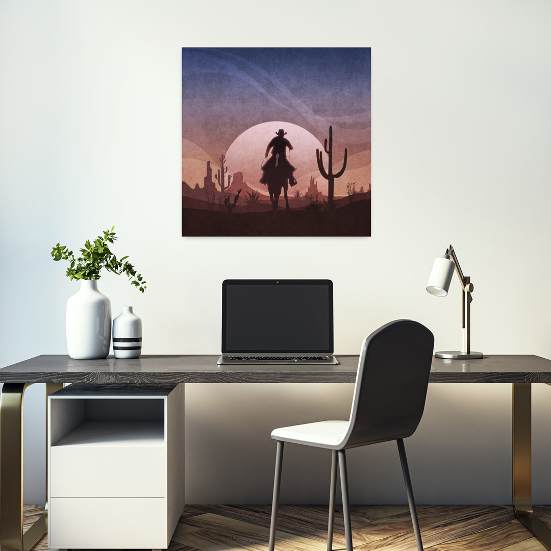 Desert Cowboy Sunset Retro Vintage Abstract Cactus Landscape Sunset Wall Art Print