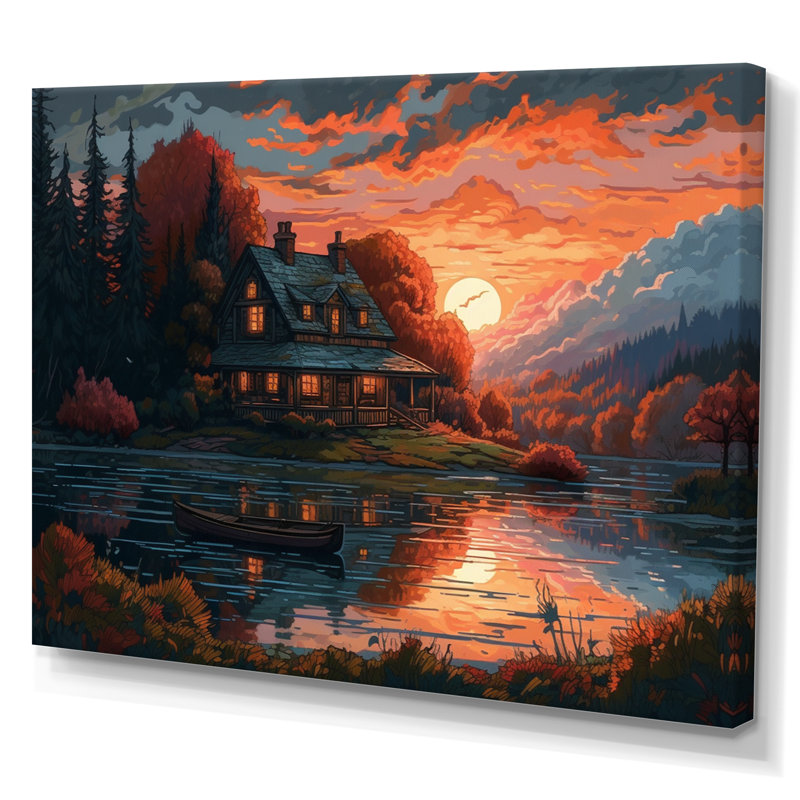 Saadiah " Autumn Sunset Cottage II ", 24" H x 32" W x 1" D, Wrapped Canvas