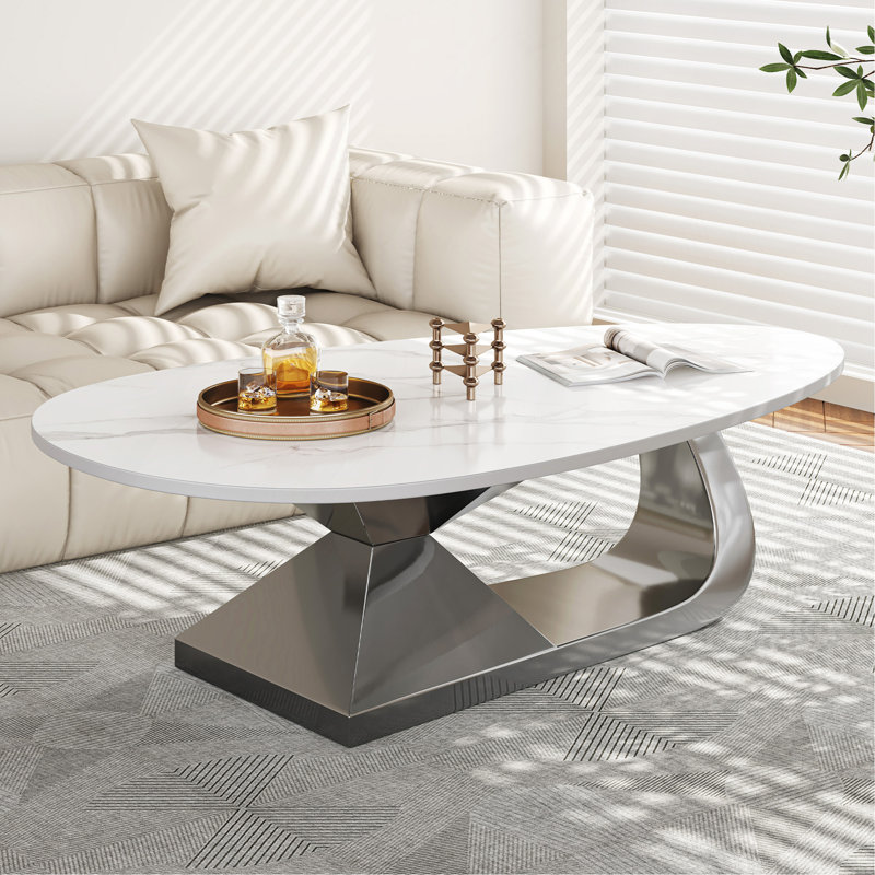 Table basse en pierre frittée avec base en acier inoxydable, Gris