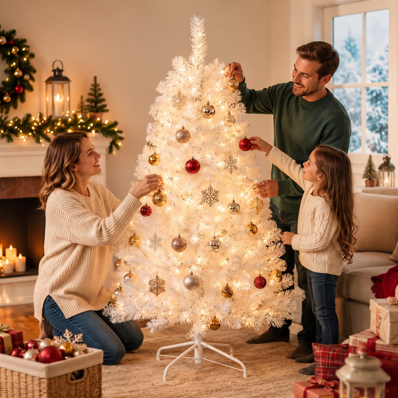 Arbre de Noël artificiel blanc 6 pi avec lumières DEL pré-installées, 6, Blanc