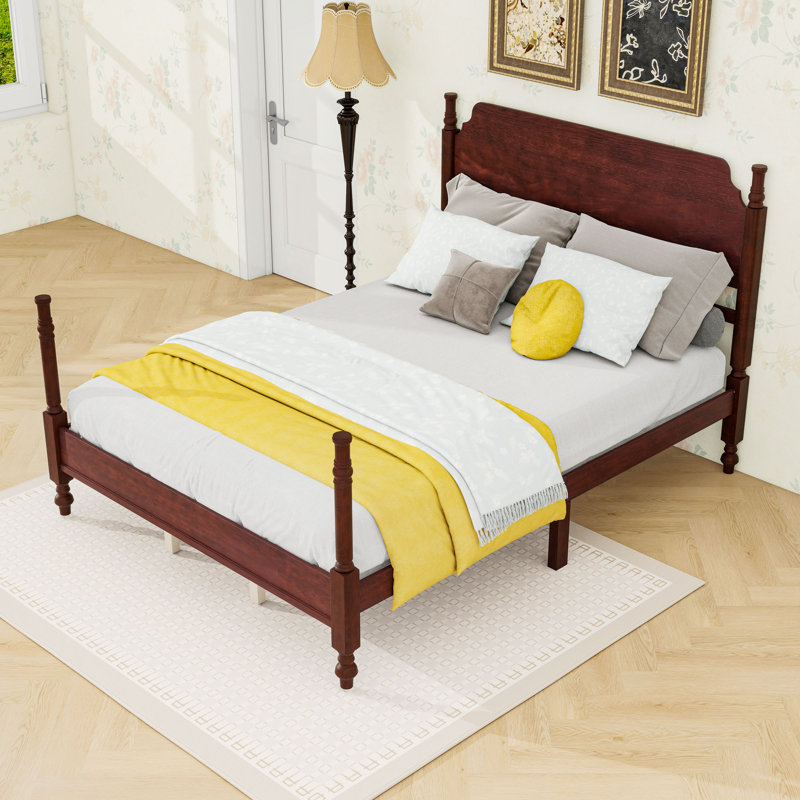 Lit plateforme en bois avec tête de lit et pieds centraux, Queen, Noyer foncé