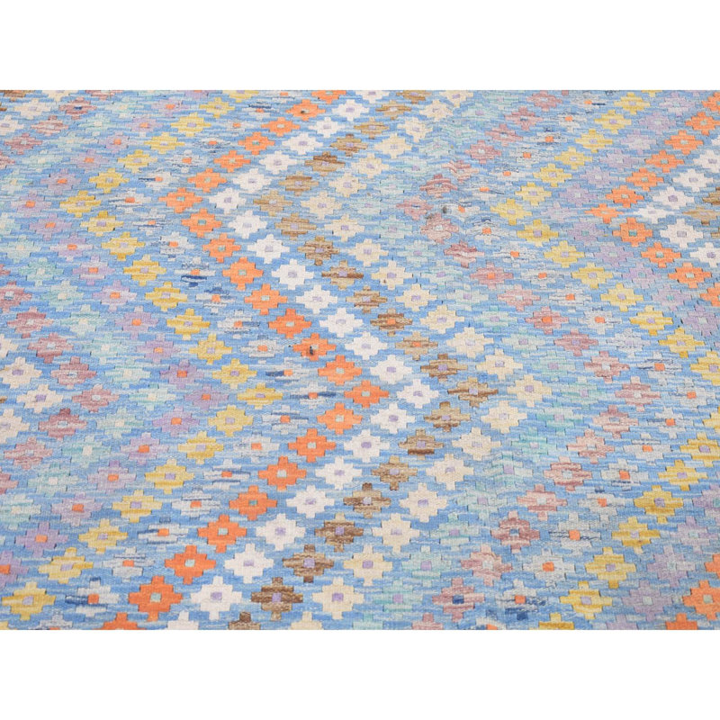Tapis kilim afghan 10 pi 3 po x 13 pi 3 po bleu clair avec motif géométrique, tissage à plat, motif zigzag vertical, tissé à la main CBC627890E624648B65535C8EA380527