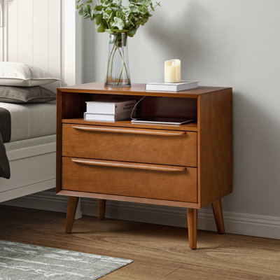 Aviannah Midcentury Modern 28''W 2-Drawer Nightstand with Charging Station and Solid Wood Legs and Open Shelf