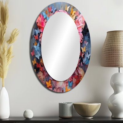 «Pink Butterfly Glamour Woman Portrait II» - Décoration murale miroir ovale rose