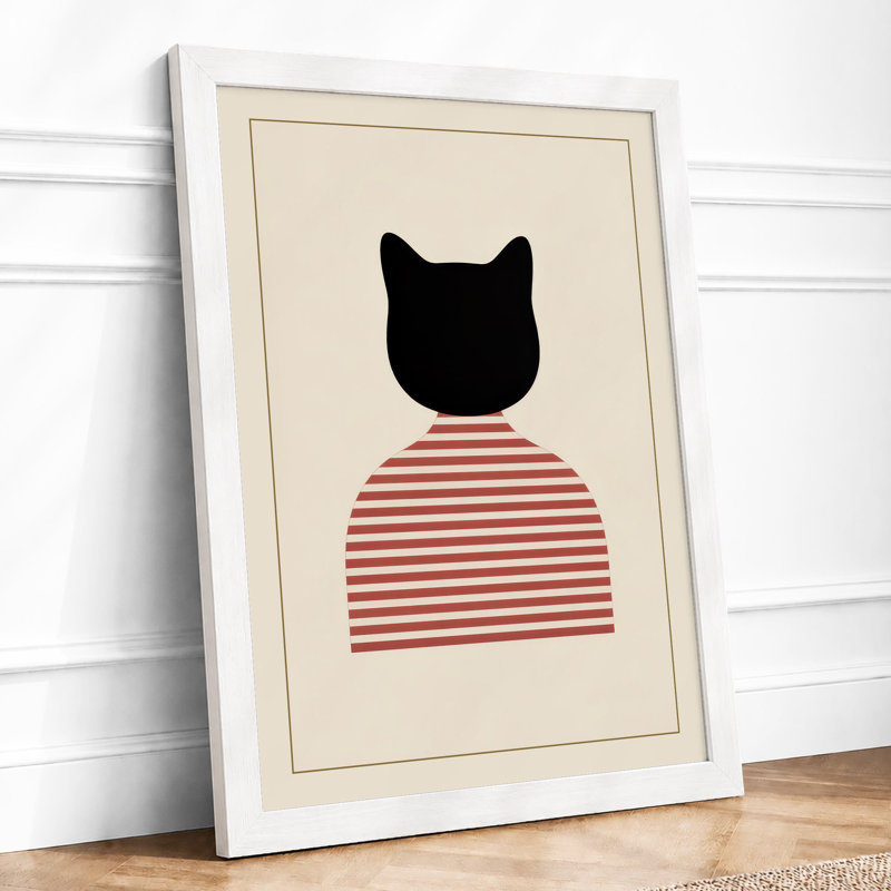 Cat in Red Stripes Minimalist - Framed Print, A1 - 84.1 x 59.4 cm, White
