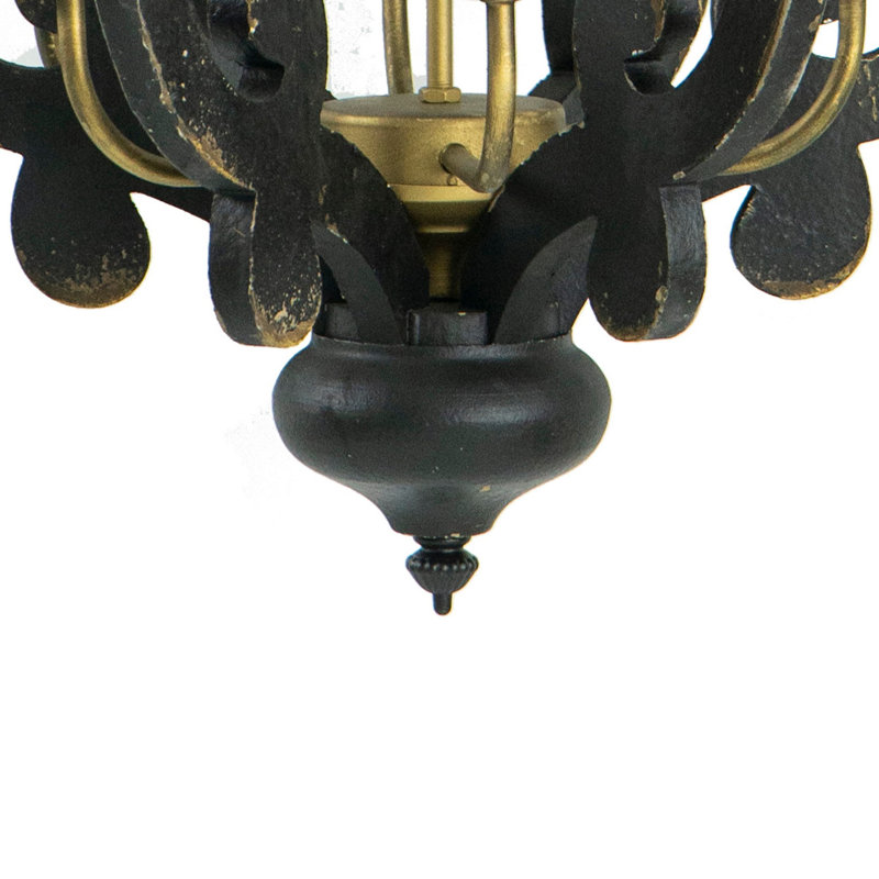Antique Black 6-Light Wrought Iron Chandelier with Glass Shades