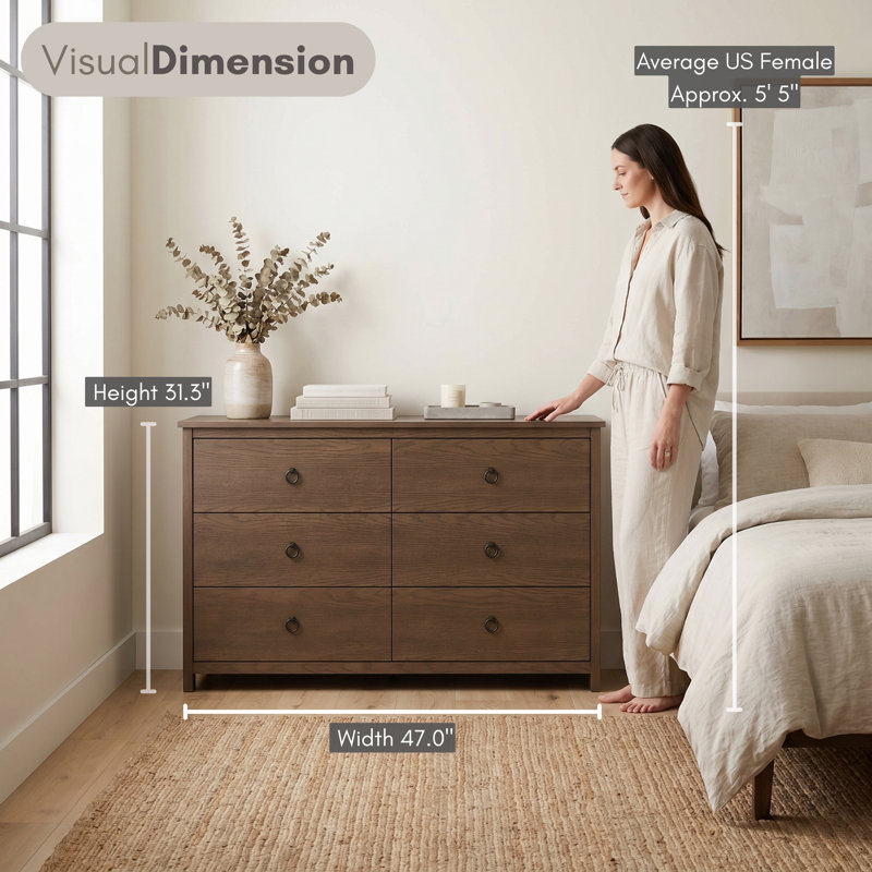 Mucci 47"W Transitional Modern Brown 6 Drawer Dresser, Dark Brown Oak