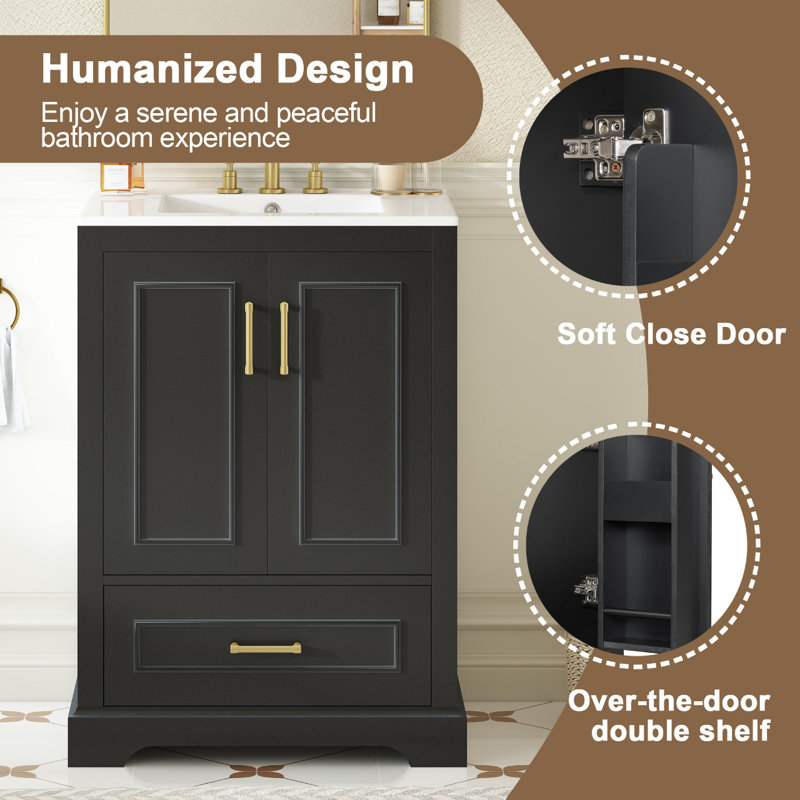 Meuble-lavabo noir 24 po avec lavabo, armoire en panneau de fibres à densité moyenne avec portes à fermeture douce et rangement