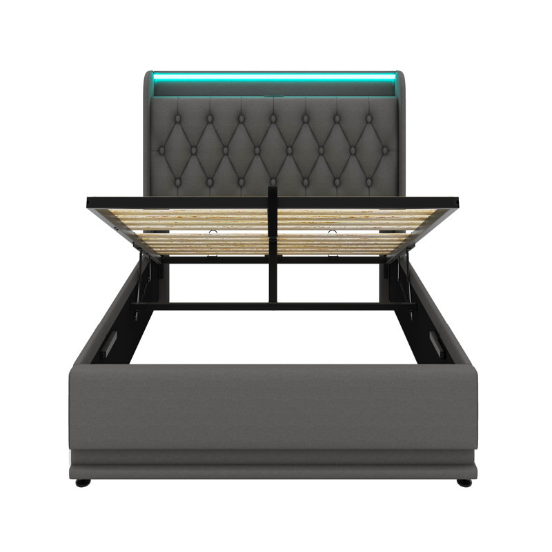 Lit rembourré, fonction DEL à 360 degrés, boutons / applications / télécommande, lit de rangement hydraulique avec charge USB Type-C