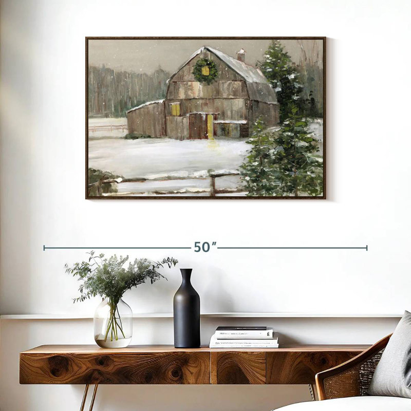 Grange enneigée, 37 po x 25 po, Cadre flottant en noyer