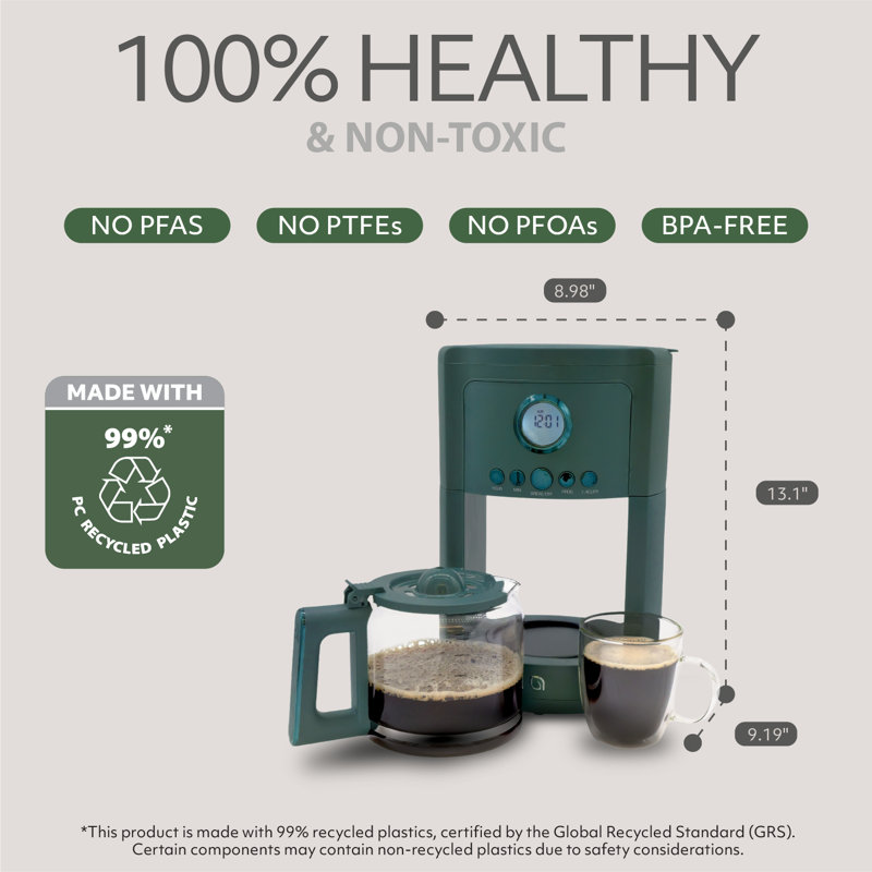 Cafetière de 12 tasses Willow - Options de brassage programmables avec minuterie, beau design, pot en verre - Vert, Vert