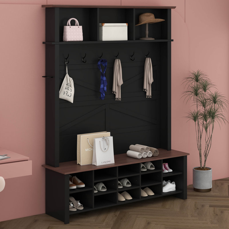 4-In-1 Hall Tree With 6 Hooks, Walnut Entryway Bench With Adjustable Shelves, Shoe Organizer With 16 Open Compartments, Black