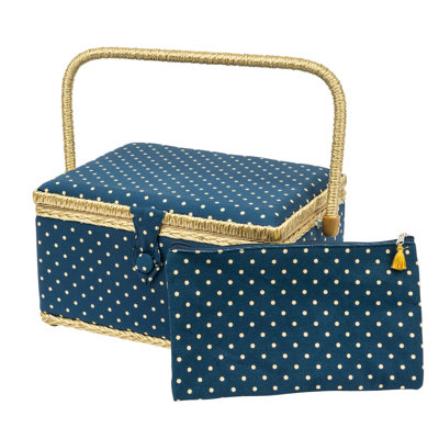 Grand panier à coudre SINGER imprimé pois bleu sarcelle foncé avec pochette à fermeture à glissière assortie