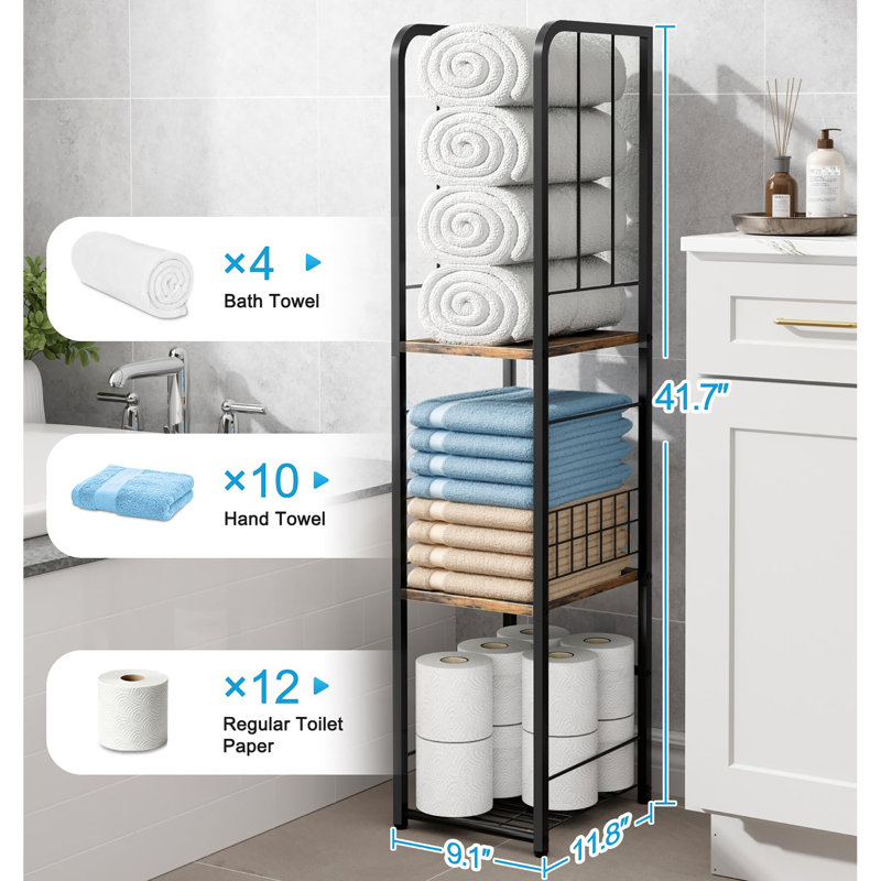Porte-serviettes étroit à 3 niveaux sur pied - Rangement de serviettes mince avec tablette de salle de bain | Idéal pour les petites salles de bain, les abords de piscine et les espaces restreints