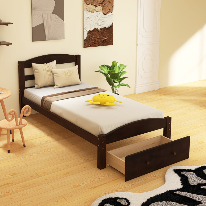Structure de lit plateforme simple avec tiroir de rangement, Espresso