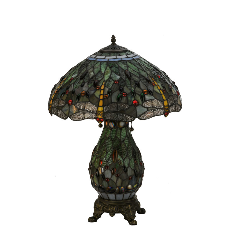 25" Mahogany Bronze Stained Glass Dragonfly Table Lamp
