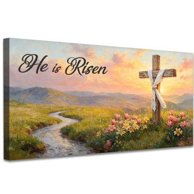 He is Risen Canvas Wall Art, Christian Wall Decor Religious Art, Sunrise Cross Painting Prints for Easter Decor, Inspirational Christian Home Room Wall Artwork Framed Ready to Hang, 16×32 Inches