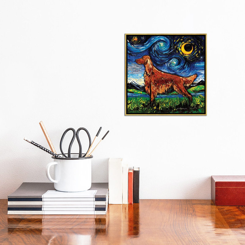 «Irish Setter Night» par Aja Treves - reproduction d'art, H 37 po x l 37 po x P 1,5 po, Toile encadrée d'or, Pas de tapis