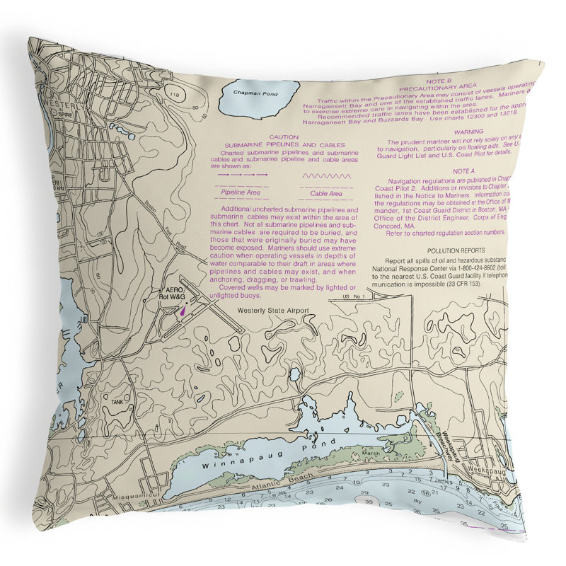  Housse de coussin d'extérieur carré carré Block Island Sound - Westerly State, Ri Nautical Map