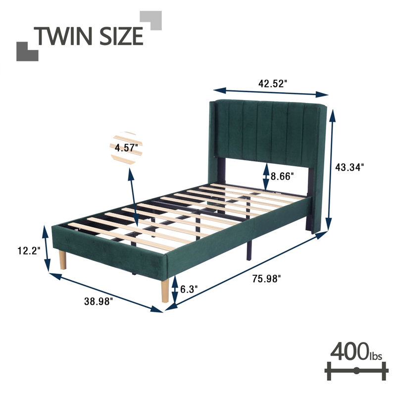 Upholstered Wingback Bed, Twin, Green