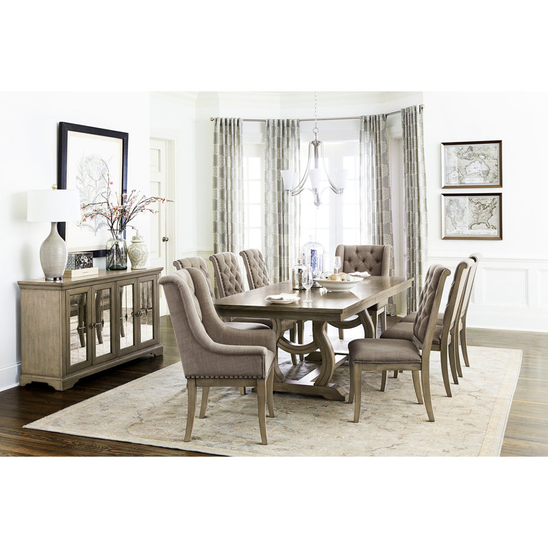 Table de salle à manger de luxe classique classique 9 pièces avec table extensible, chaises capitonnées, rallonge, base en tréteaux, cachemire gris, tissu crème, sièges 8 avec finition, pour une maison raffinée