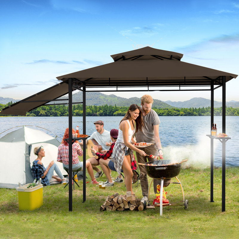 Double Roof Grill Gazebo with Extra Shadow BBQ Waterproof Canopy Outdoor Gazebos, Brown