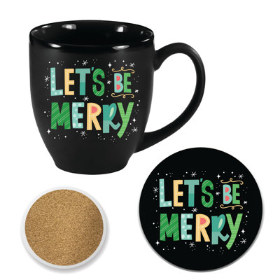 Lets Be Merry 16 oz Artisan Ceramic Mug & Coaster Set