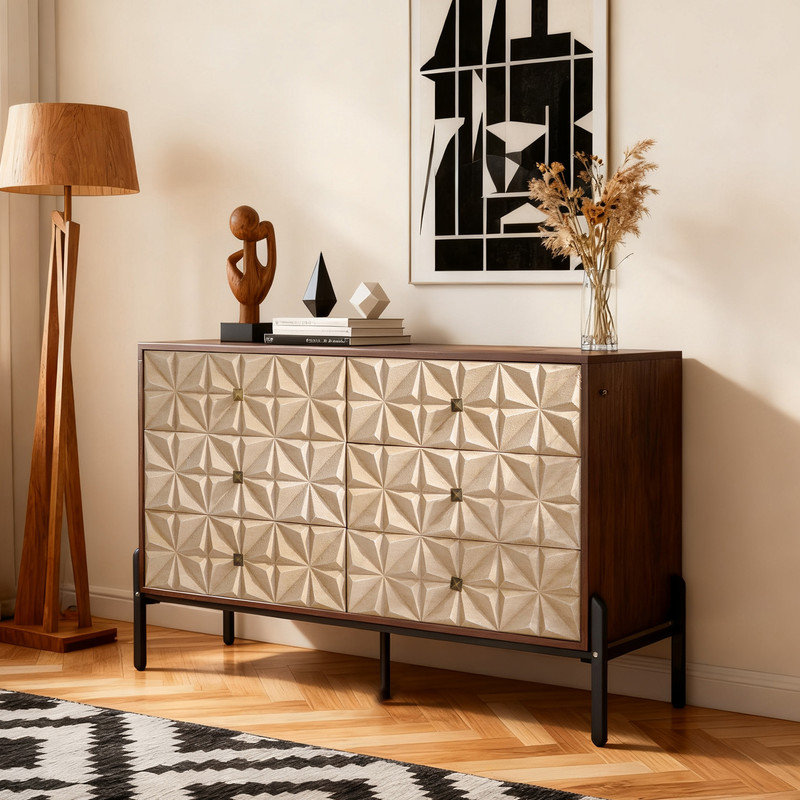 Buffet Mid-Century moderne avec 6 tiroirs géométriques, commode en bois massif pour le salon, la salle à manger et le rangement de la cuisine