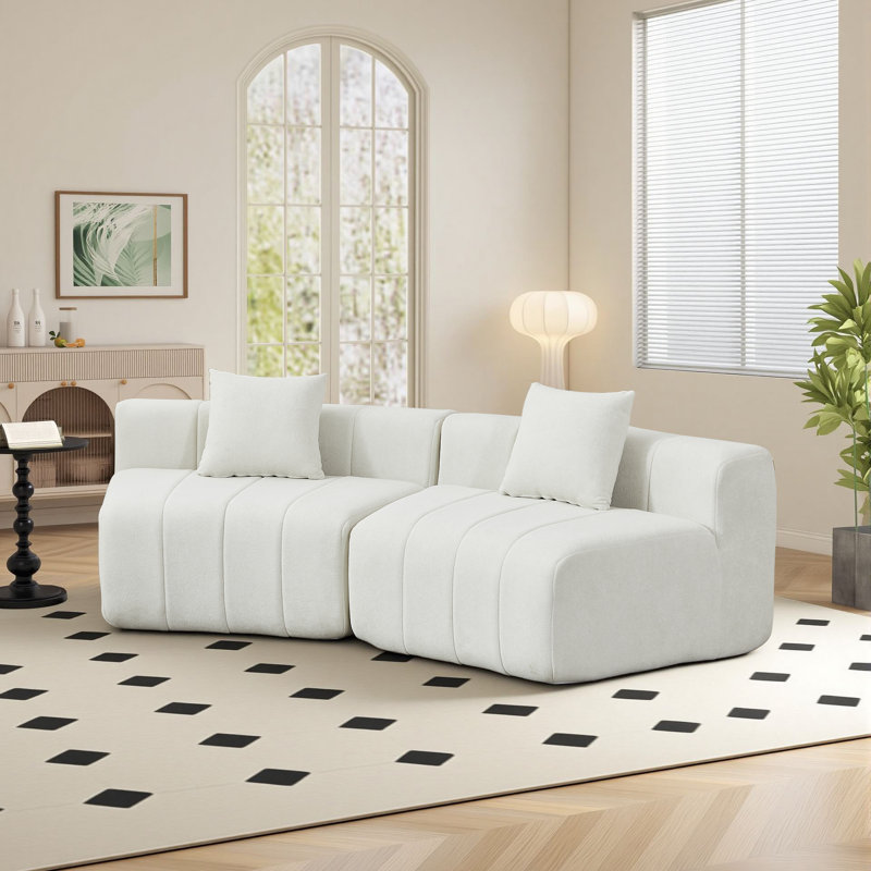 Boneless 2 - Piece Chenille Curved Sectional Sofa With 2 Pillows, Beige Chenille, 29" H x 88" W x 33" D