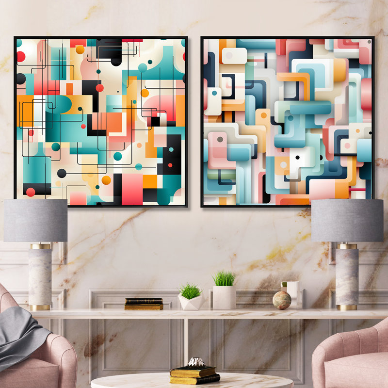 Corstiaan - Ensemble de 2 collages abstraits carrés, Cadre flottant noir, H 16 po x l 33 po