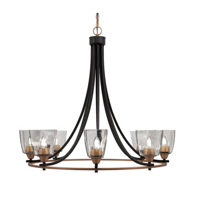 Lustre 8 lumières Enna Paramount montré en noir mat et finition laiton avec verre carré transparent de 4,5 po
