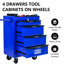 20" 4 Steel Tool Storage Box With Bearing Drawer Slides, Black & Blue Colour, 4 Universal Wheels For Smooth Movement, Locking System Item Preservation Rolling Metal Chest Cabinet 15Kg Loading-522780396