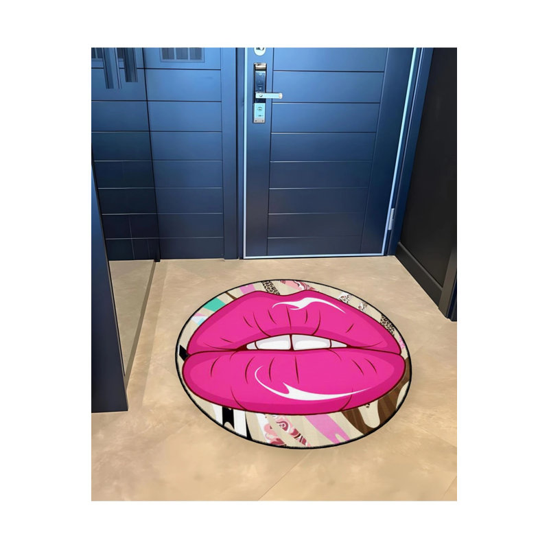 Pink Lip Pattern Detailed Woven Base Modern Decorative Carpet, Round 4'
