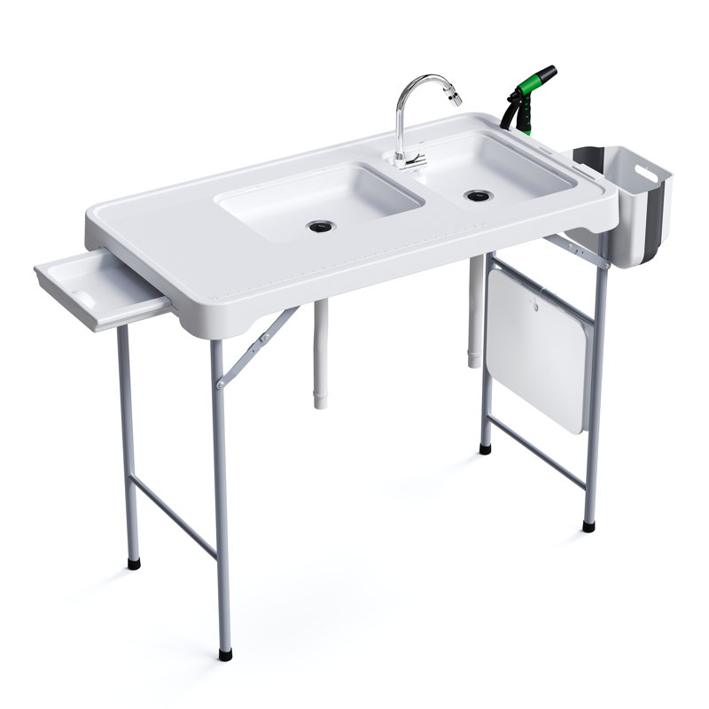 Station de nettoyage du poisson avec évier et robinet, table de nettoyage extérieure portable avec tuyau d'évacuation, buse de pulvérisation et tiroir de rangement
