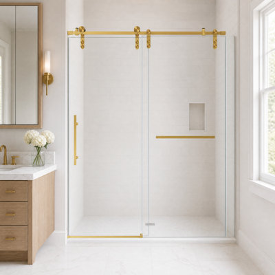 Porte de douche coulissante sans cadre l 56 à 60 po x H 76 po, verre trempé 5/16 po, or brossé