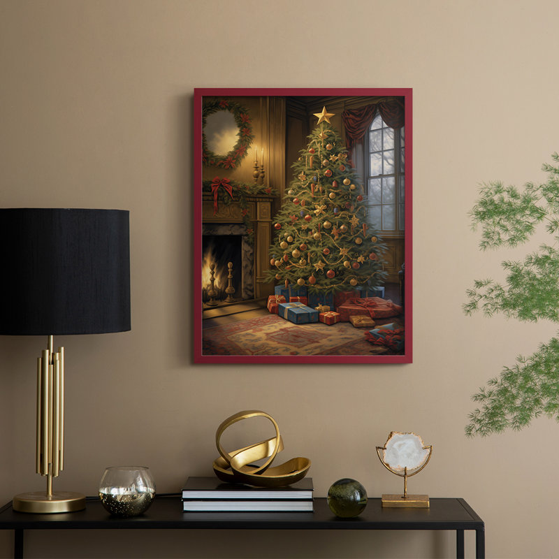 «Christmas Holiday Art CDXC III», reproduction d'art encadrée - bois massif, Rouge, H 21 po x l 17 po
