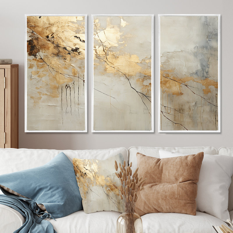 «Beige and Gold Marble Lightning VI», ensemble d'art mural formes abstraites, H 28 po x l 36 po x P 1 po