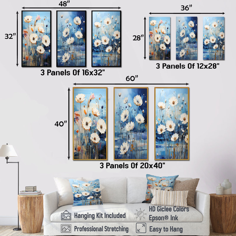 «Blue Cornflower Melody - Cornflowers», ensemble de 4 reproductions d'art sur toile, Cadre flottant doré, H 32 po x l 48 po